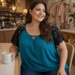 Torrid Teal Georgette Lace Raglan Sleeve Keyhole Neck Blouse Top‎ Plus Size 1